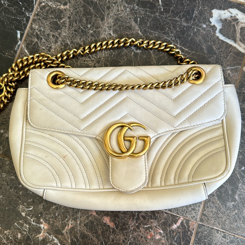 GUCCI GG MARMONT MINI SHOULDER BAG WHITE LEATHER
